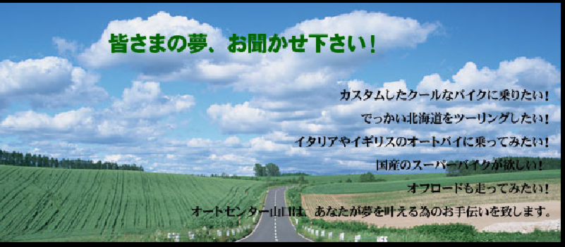カスタムしたクールなバイクに!!北海道ツーリングしたい!!イギリスやイタリアのバイクに乗りたい!!国産スーパーバイクが!!オフロードも走ってみたい!!オートセンター山口は あなたが夢を叶える為のお手伝いを致します。